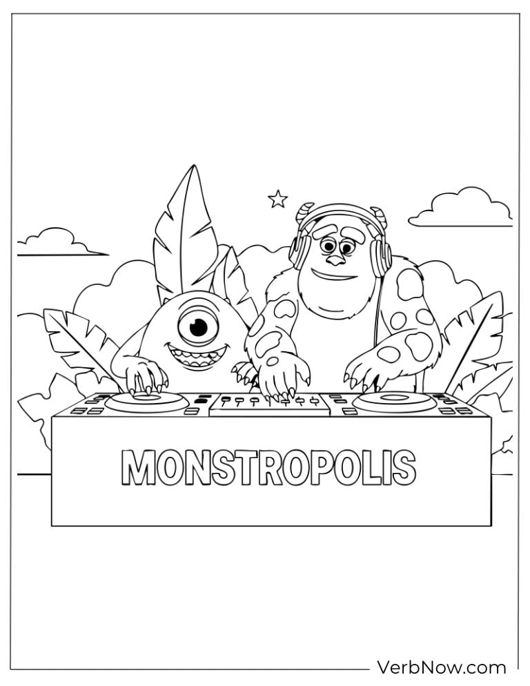Mike and Sulley smile behind a “Monstropolis” sign