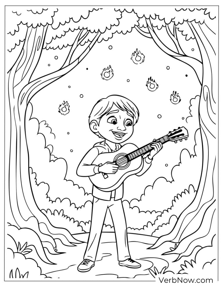 Miguel plays his guitar under glowing lights in the forest
