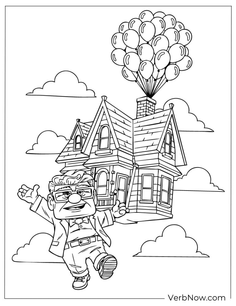 Carl flies with his house lifted by colorful balloons