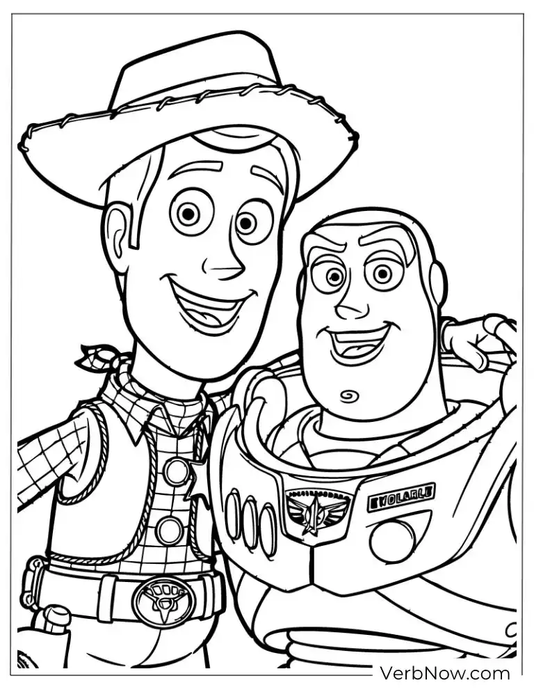 22 Free Pixar Coloring Pages for Every Fan (Printable PDF) Woody and Buzz pose for a cheerful best-friends photo