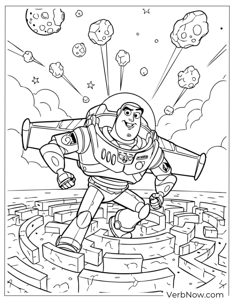 Buzz Lightyear flies through space surrounded by planets
