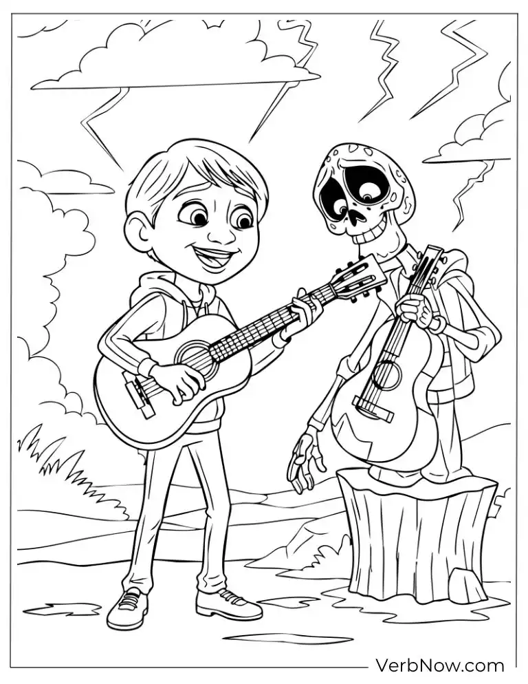 22 Free Pixar Coloring Pages for Every Fan (Printable PDF) Miguel and Hector play their guitars in the Land of the Dead