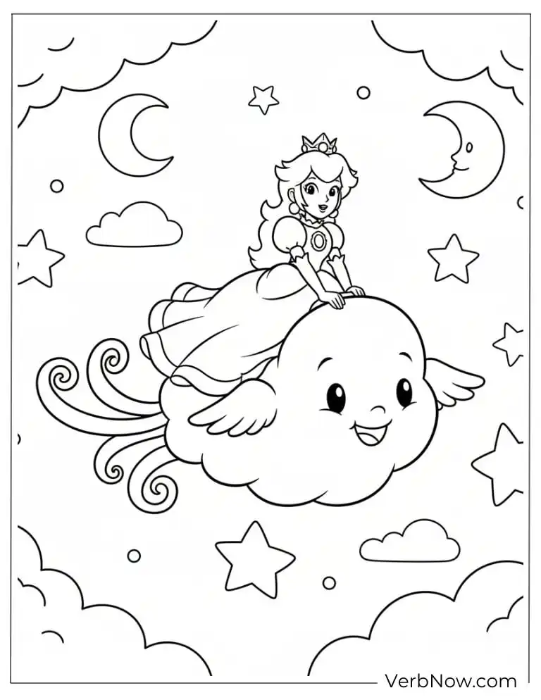 22 Free Princess Peach Coloring Pages (Printable PDF) Princess Peach Riding Cloud Coloring Page