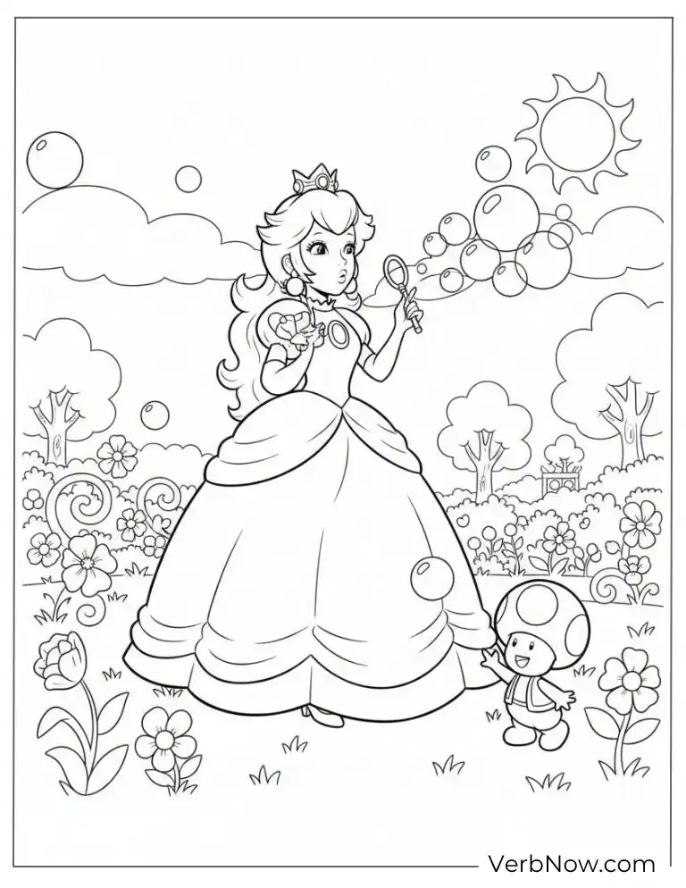 22 Free Princess Peach Coloring Pages (Printable PDF) Princess Peach and Toad Bubble Fun Coloring Page