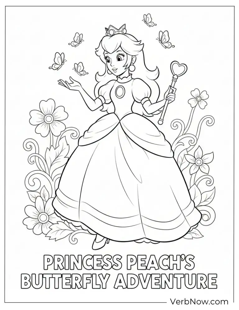 22 Free Princess Peach Coloring Pages (Printable PDF) Princess Peach and Butterflies Coloring Page