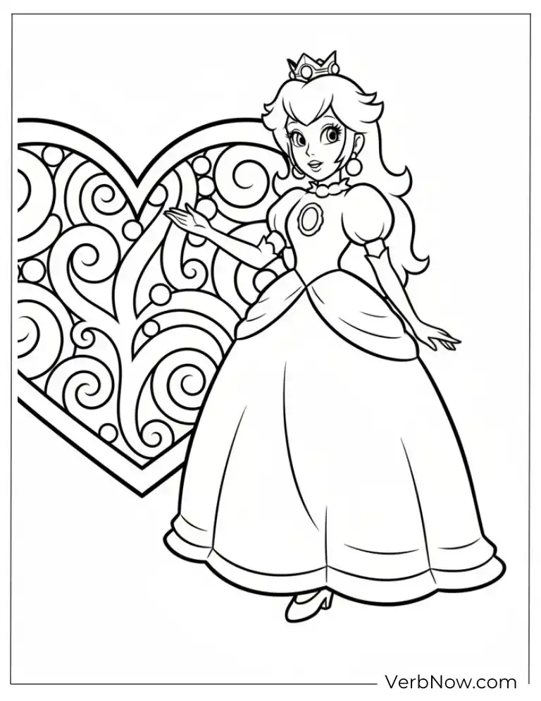 22 Free Princess Peach Coloring Pages (Printable PDF) Princess Peach Coloring Page with Ornate Heart