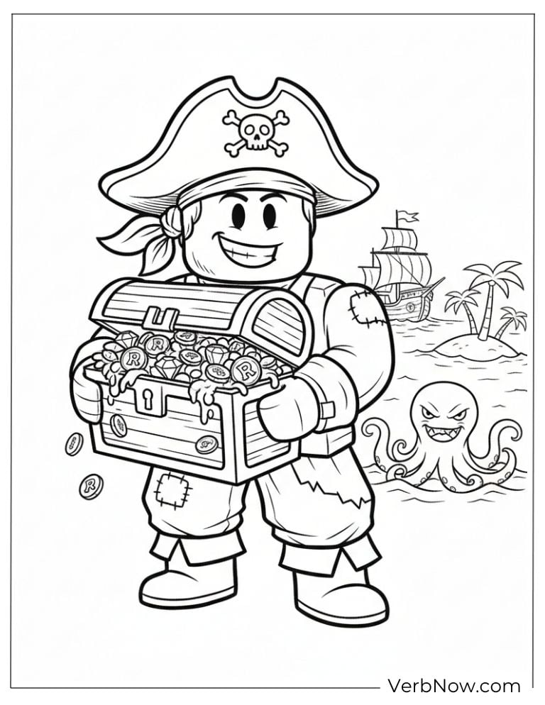 22 Roblox Coloring Pages For Kids (100% Printable PDF) Pirate with Treasure Chest Coloring Page