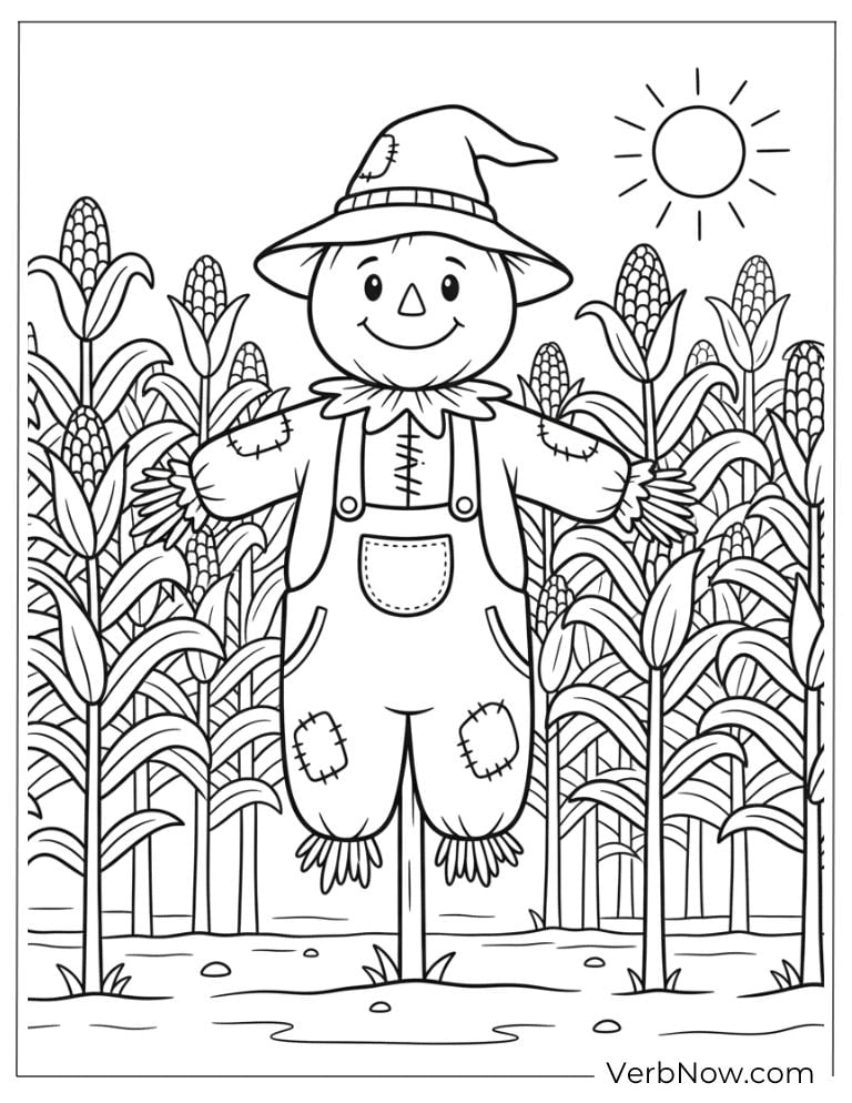 Friendly scarecrow standing in a cornfield under the sun