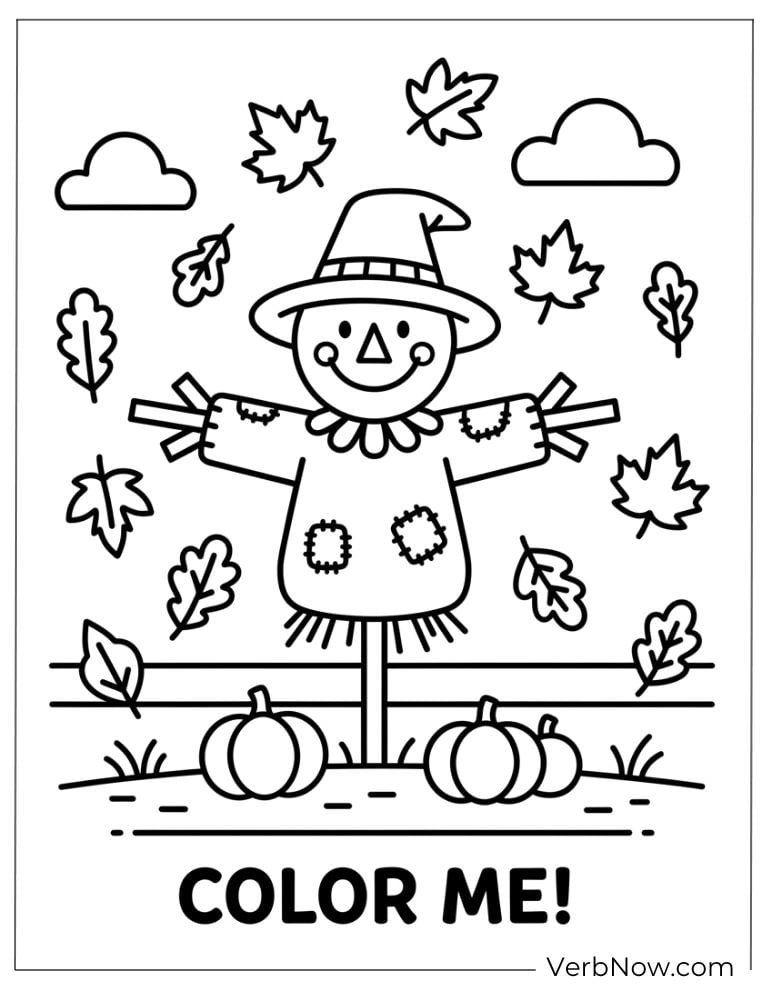 Simple autumn scarecrow surrounded by falling leaves