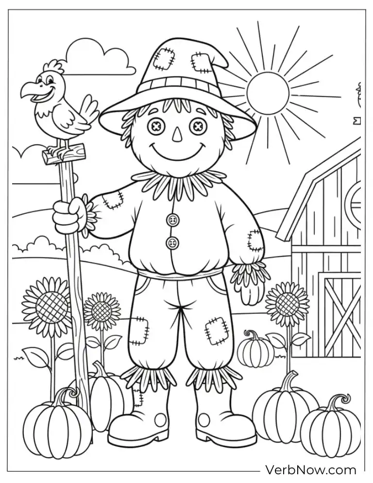 22 Fun Scarecrow Coloring Pages (100% Printable PDF) Smiling scarecrow with a bird friend near the barn