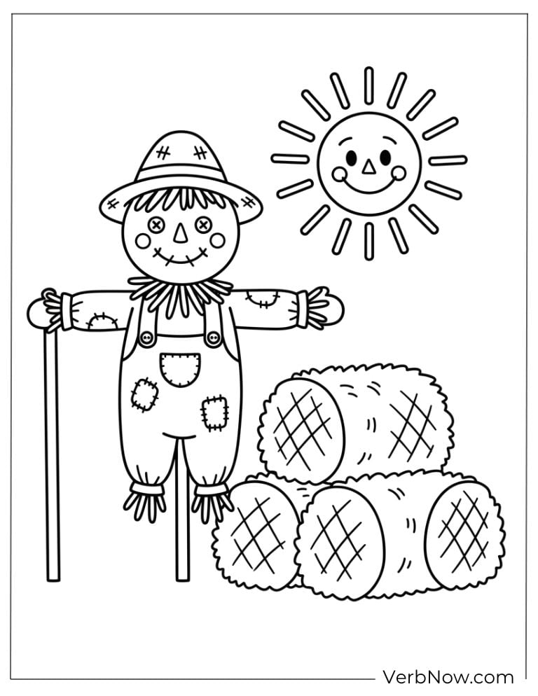 Farm scarecrow standing beside hay bales in sunshine