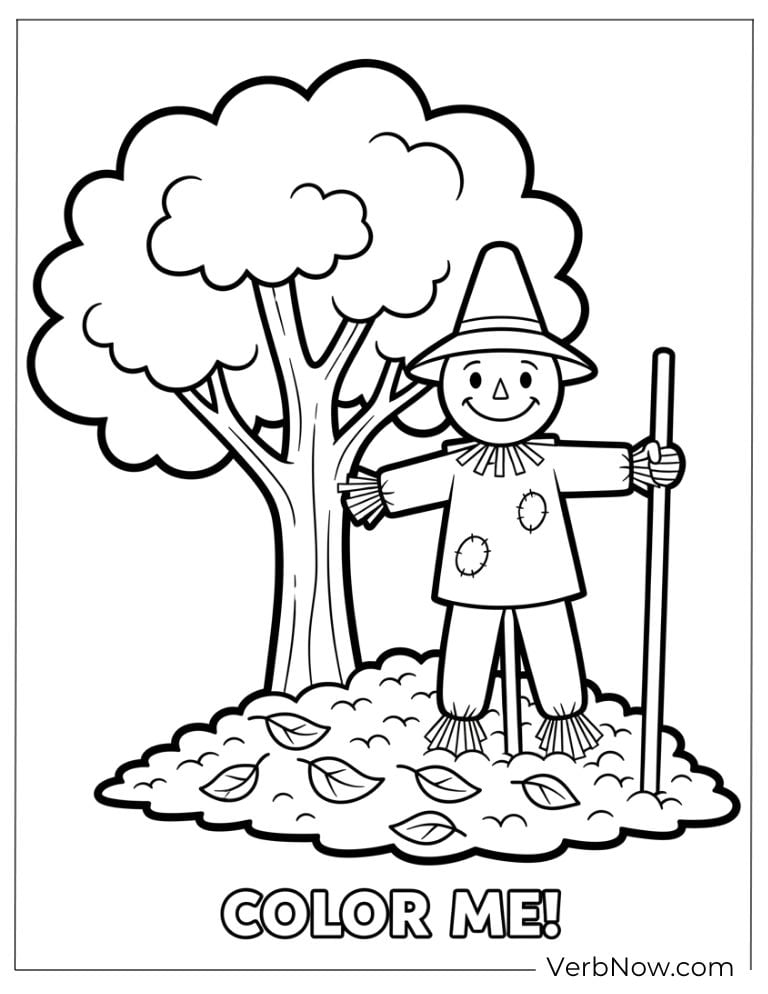 Scarecrow next to a tree saying “Color Me!”