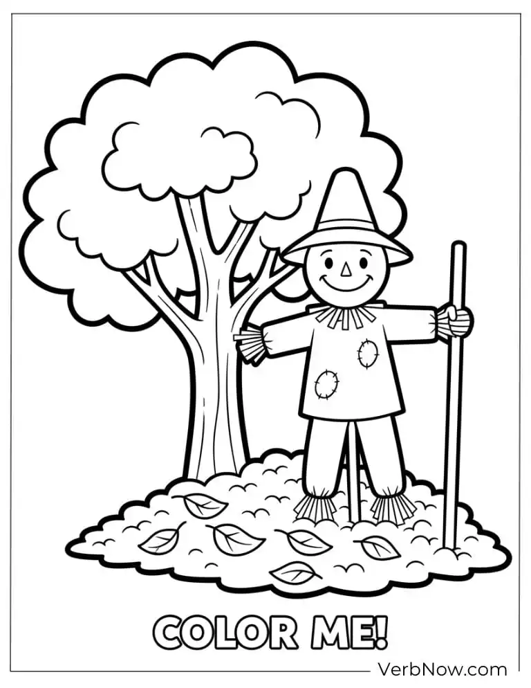 22 Fun Scarecrow Coloring Pages (100% Printable PDF) Scarecrow next to a tree saying “Color Me!”