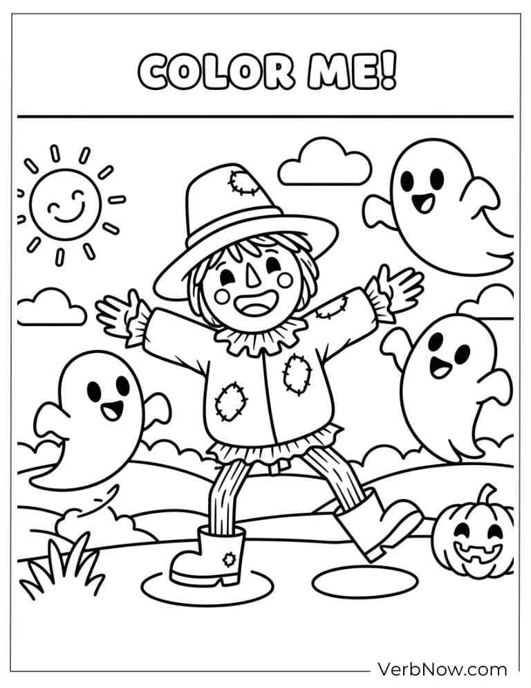 Playful scarecrow surrounded by friendly ghosts and a pumpkin