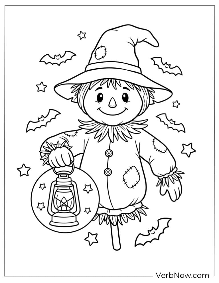 Scarecrow holding a lantern with bats flying around