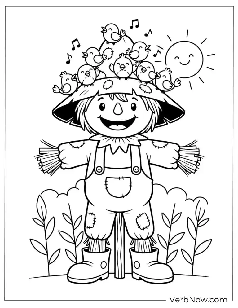 22 Fun Scarecrow Coloring Pages (100% Printable PDF) Cute scarecrow with flowers blooming from its hat