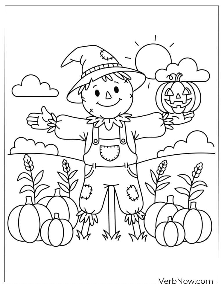 Happy scarecrow standing beside pumpkins in a garden