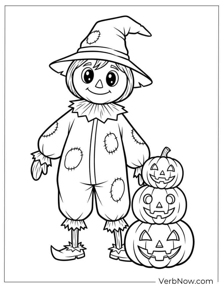 Scarecrow smiling next to a stack of jack-o’-lanterns