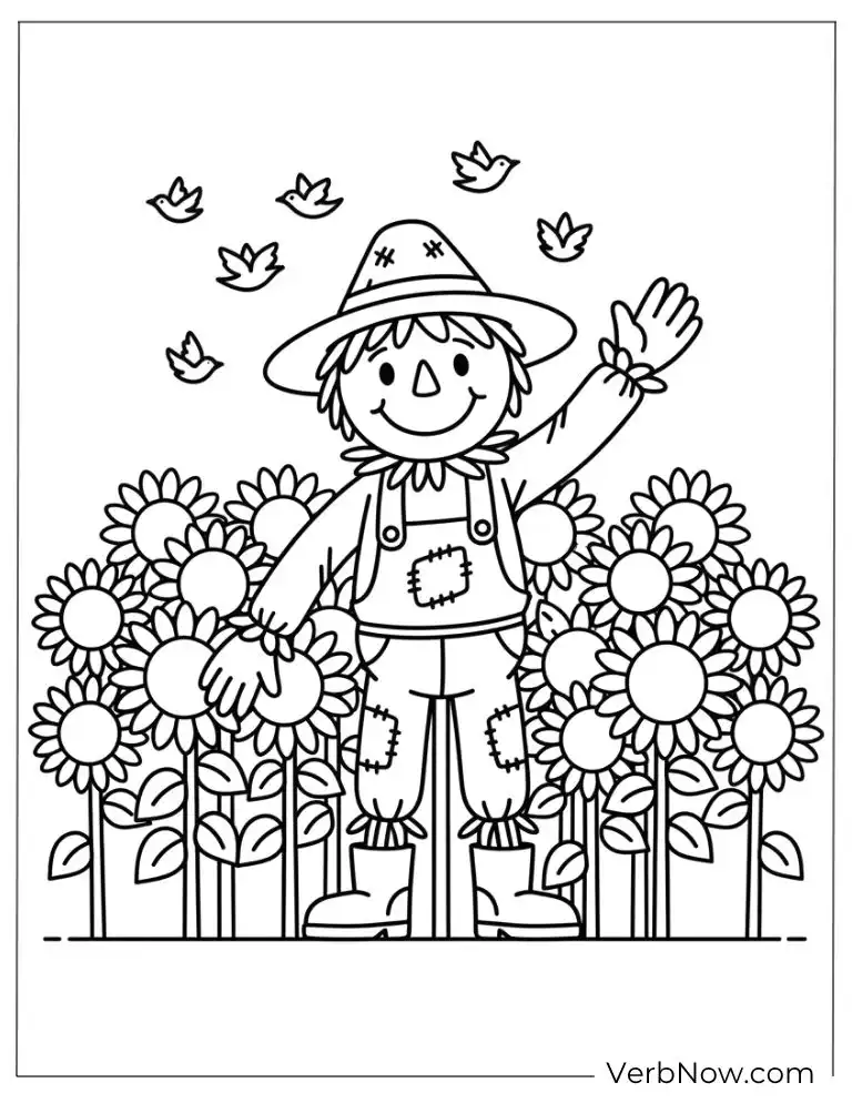 22 Fun Scarecrow Coloring Pages (100% Printable PDF) Scarecrow waving among blooming sunflowers