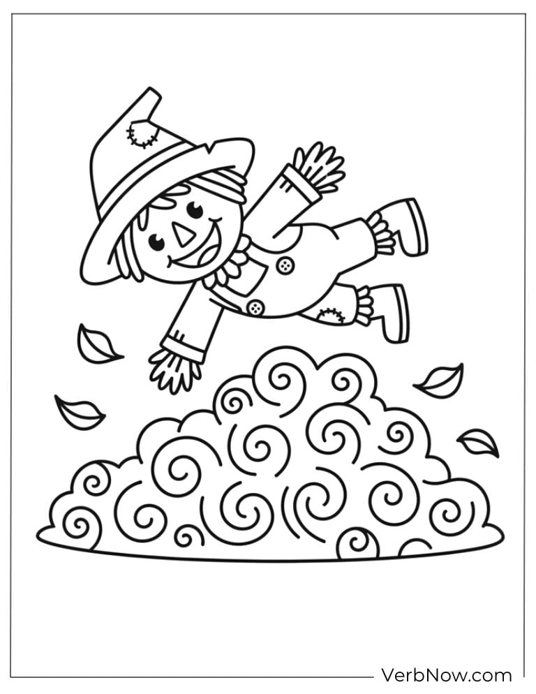 Cheerful scarecrow jumping into a pile of autumn leaves