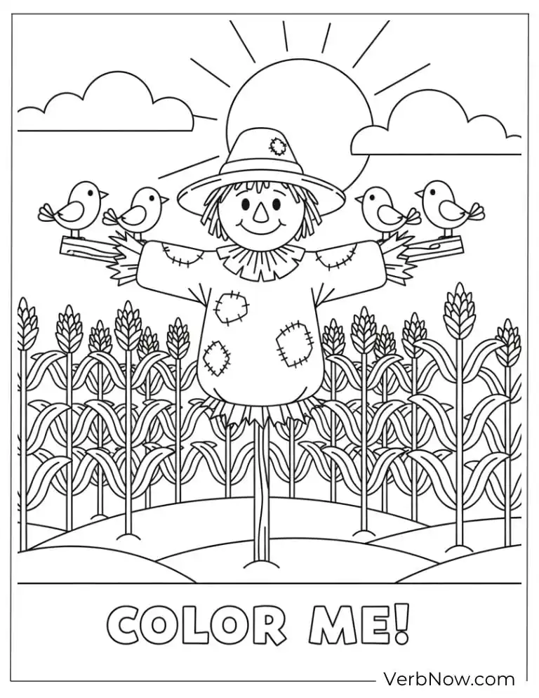 22 Fun Scarecrow Coloring Pages (100% Printable PDF) Classic scarecrow standing in a cornfield with birds