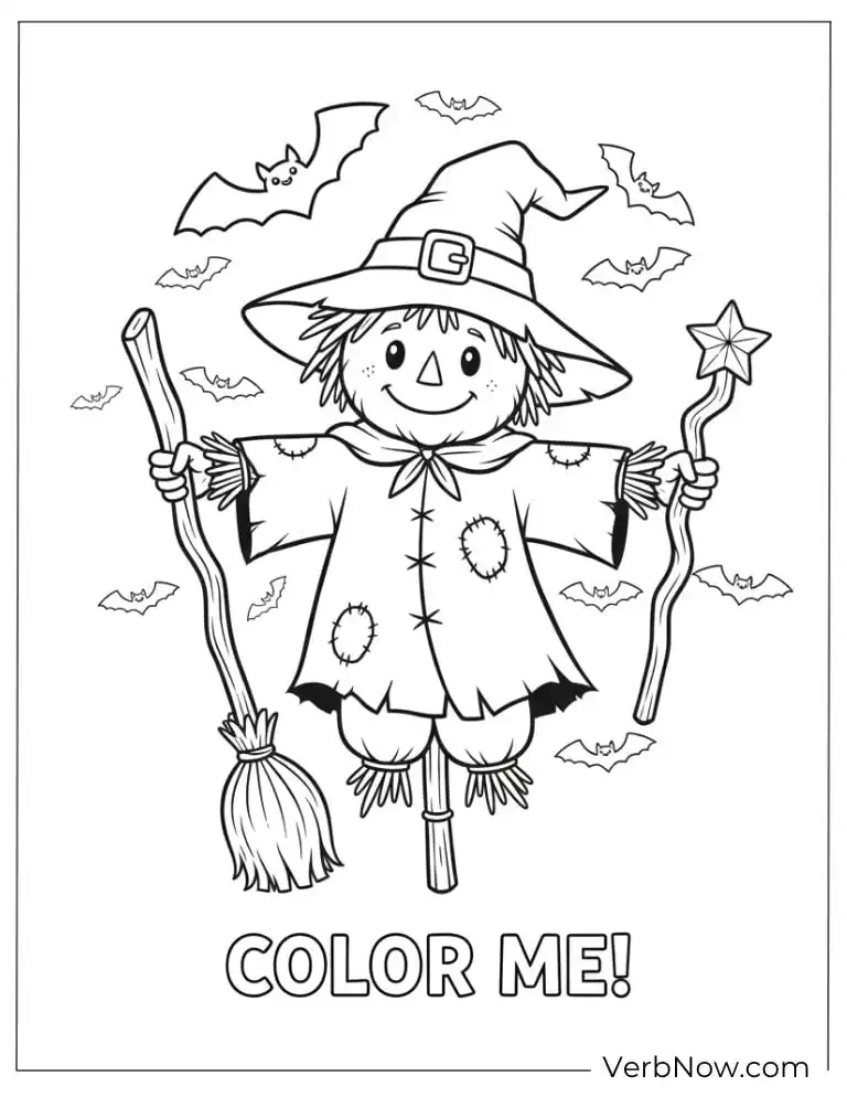 22 Fun Scarecrow Coloring Pages (100% Printable PDF) Witch-themed scarecrow holding a broom and magic wand