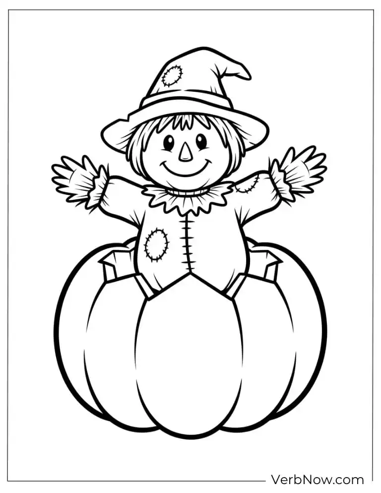 22 Fun Scarecrow Coloring Pages (100% Printable PDF) Scarecrow sitting inside a giant pumpkin with open arms