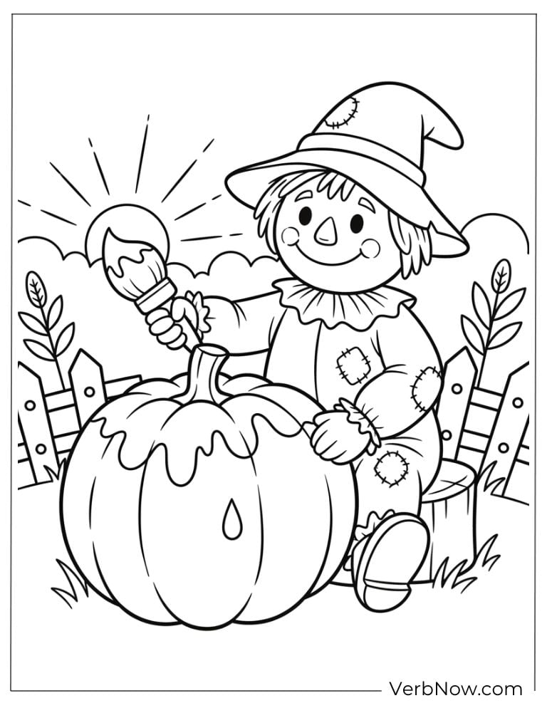 Smiling scarecrow painting a big pumpkin under the sun