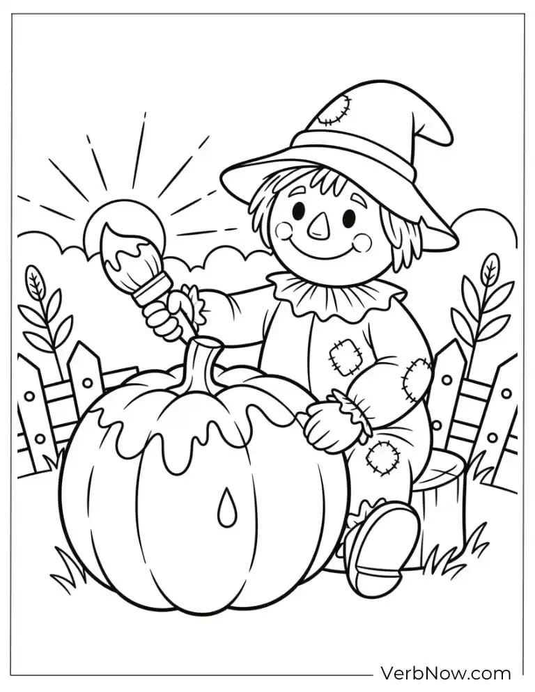 22 Fun Scarecrow Coloring Pages (100% Printable PDF) Smiling scarecrow painting a big pumpkin under the sun