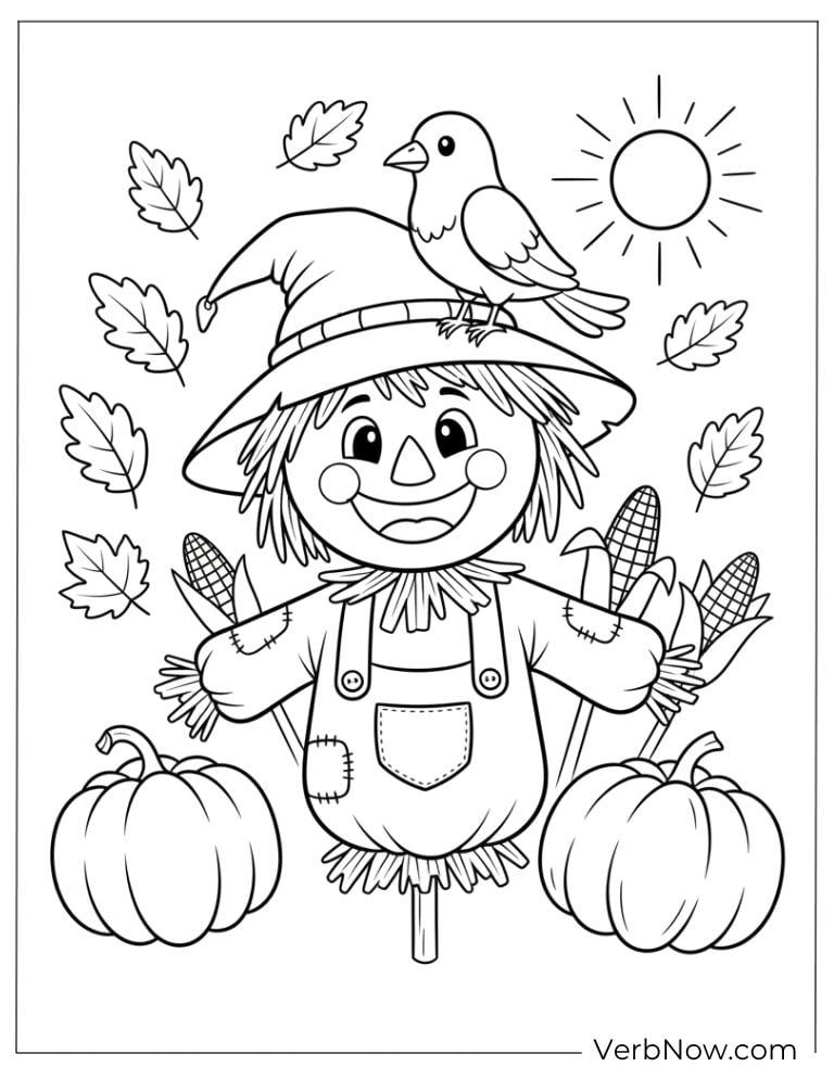 Happy scarecrow with pumpkins and a bird on its hat