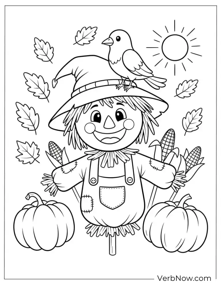 22 Fun Scarecrow Coloring Pages (100% Printable PDF) Happy scarecrow with pumpkins and a bird on its hat