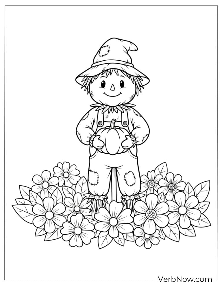 Little scarecrow holding pumpkins in a flower garden