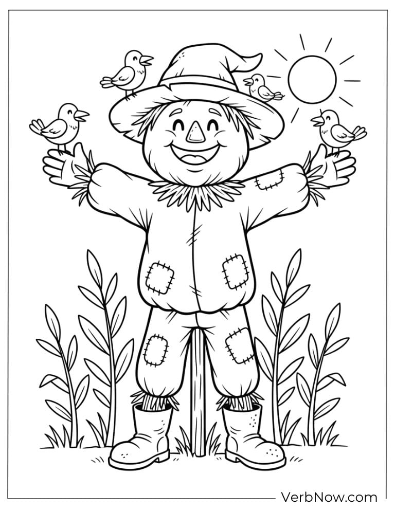 Cheerful scarecrow with birds flying around