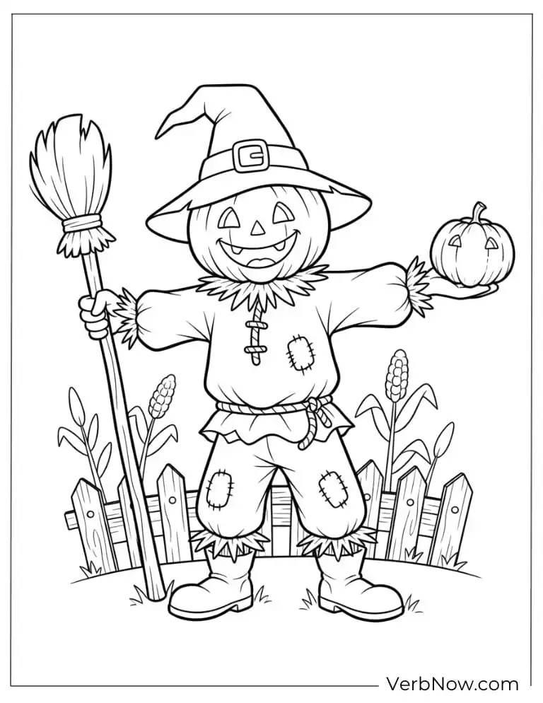 22 Fun Scarecrow Coloring Pages (100% Printable PDF) Pumpkin-headed scarecrow ready for Halloween