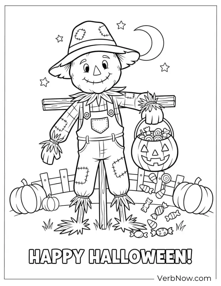 22 Fun Scarecrow Coloring Pages (100% Printable PDF) Halloween scarecrow holding a jack-o’-lantern at night
