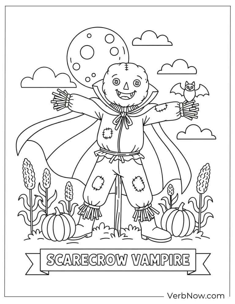 Funny vampire scarecrow with a cape and pumpkins