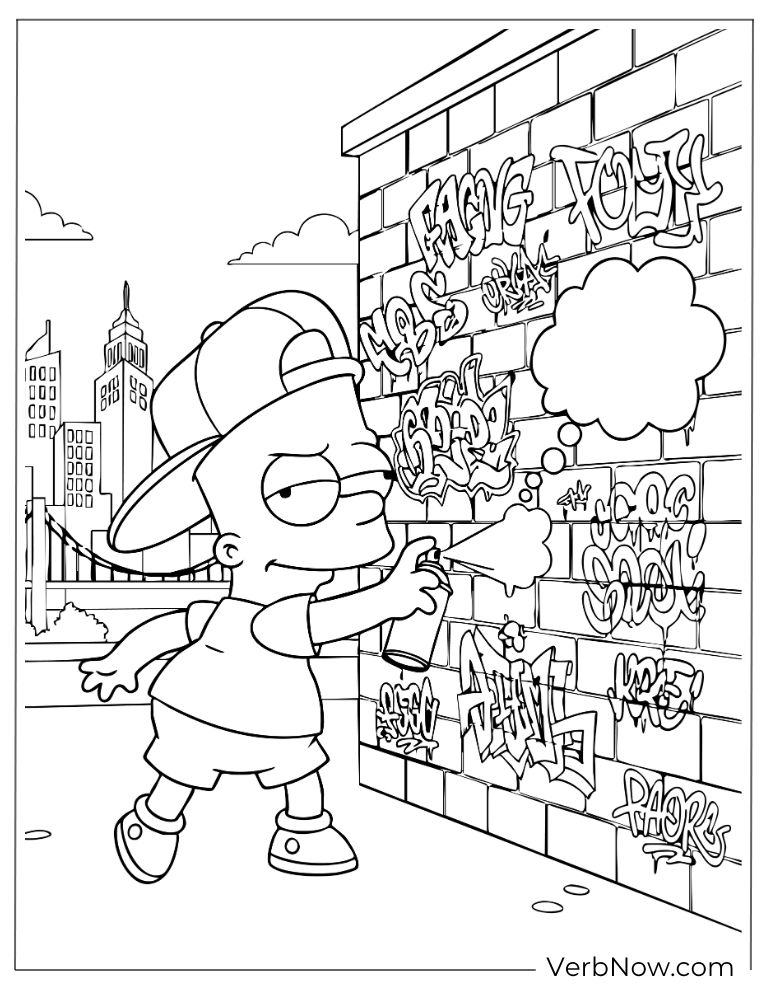 Bart spray-painting graffiti on a city wall