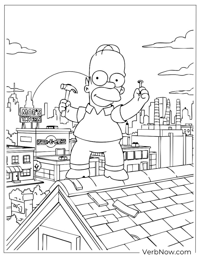 Homer fixing the roof with a hammer in hand