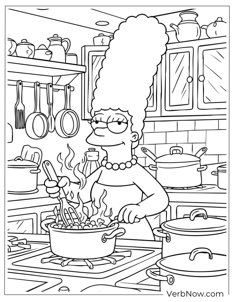 Marge cooking a big pot of soup in the kitchen