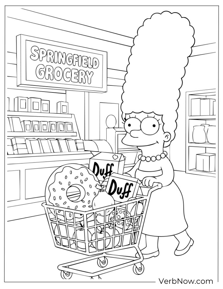 Marge shopping with a cart full of donuts and Duff