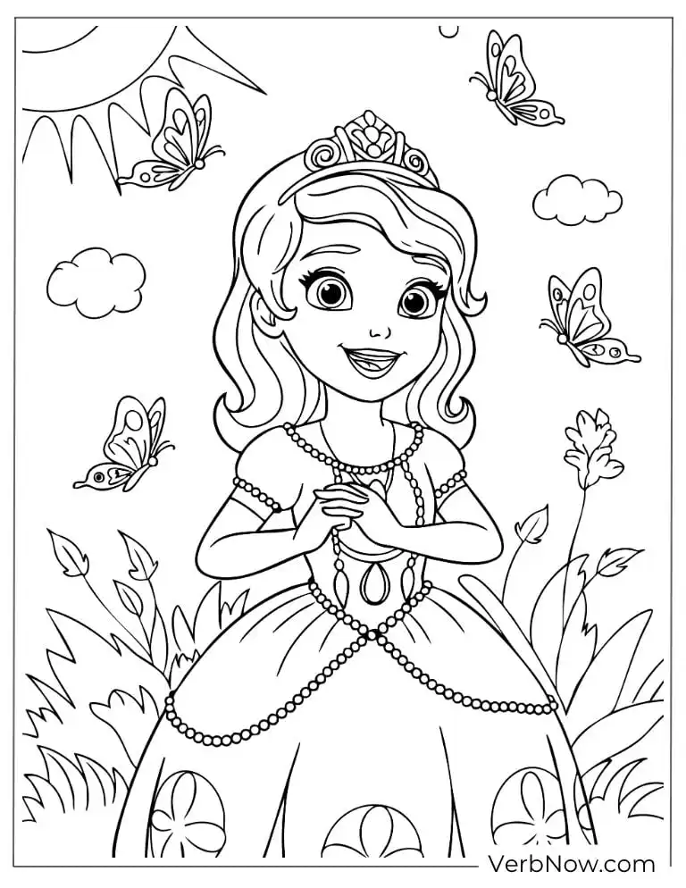 Sofia stands among flowers with butterflies around her