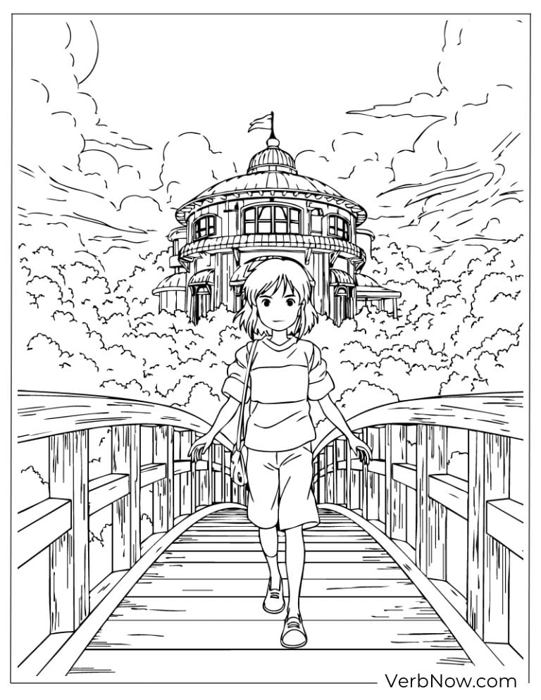 Chihiro walking across the bridge toward the bathhouse