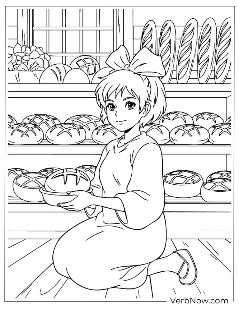 Kiki smiling while holding a loaf of bread in her bakery
