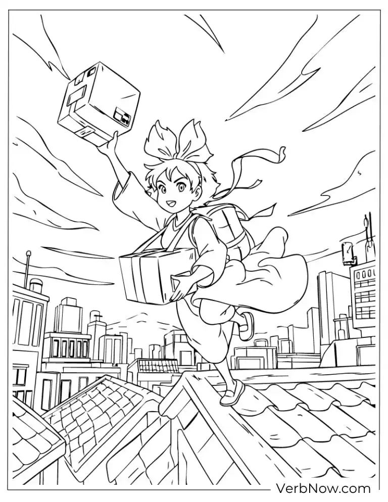 22 Free Studio Ghibli Coloring Pages (100% Printable PDF) Kiki Flying with packages