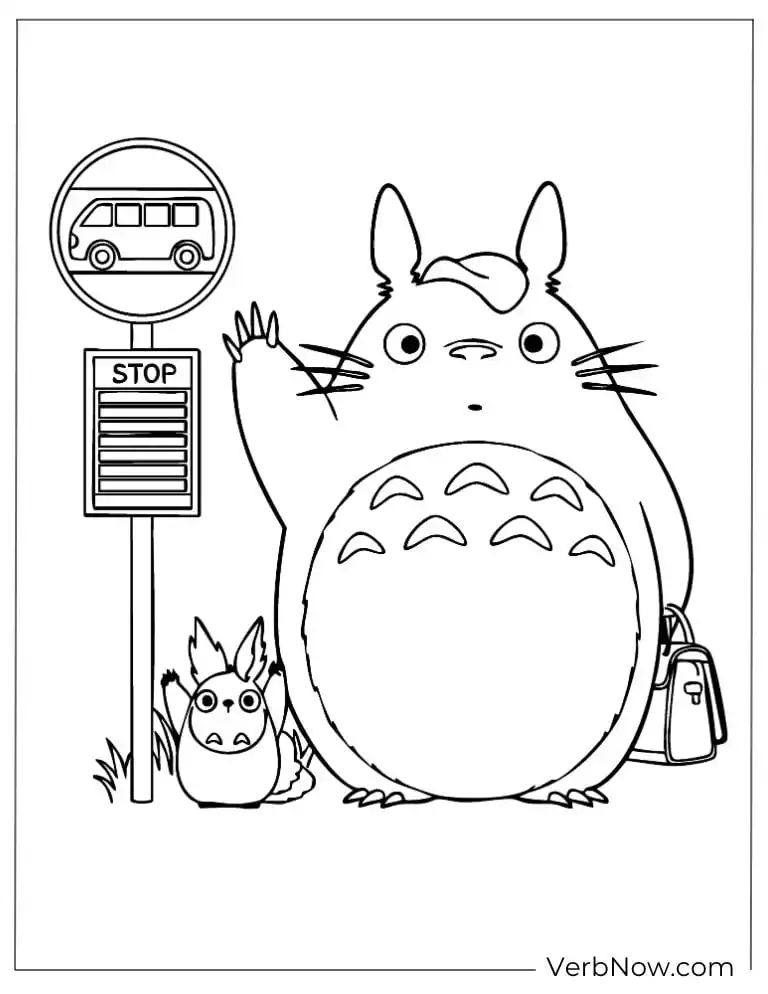 22 Free Studio Ghibli Coloring Pages (100% Printable PDF) Totoro waving happily while waiting at the bus stop