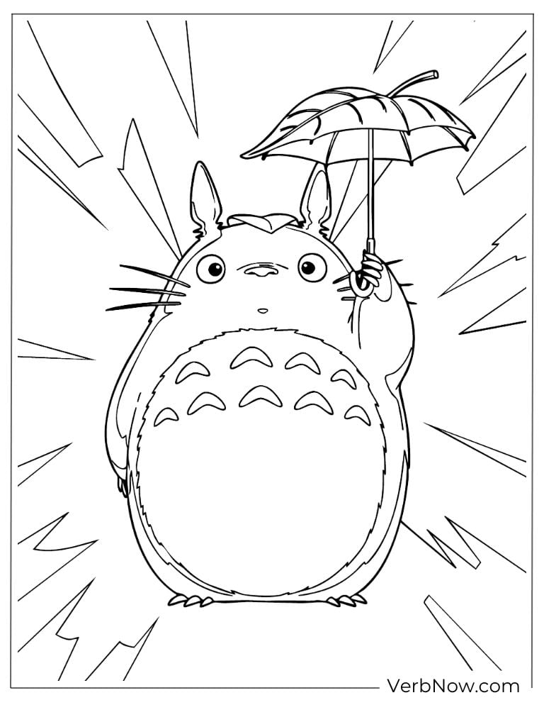 Totoro holding an umbrella as lightning flashes behind