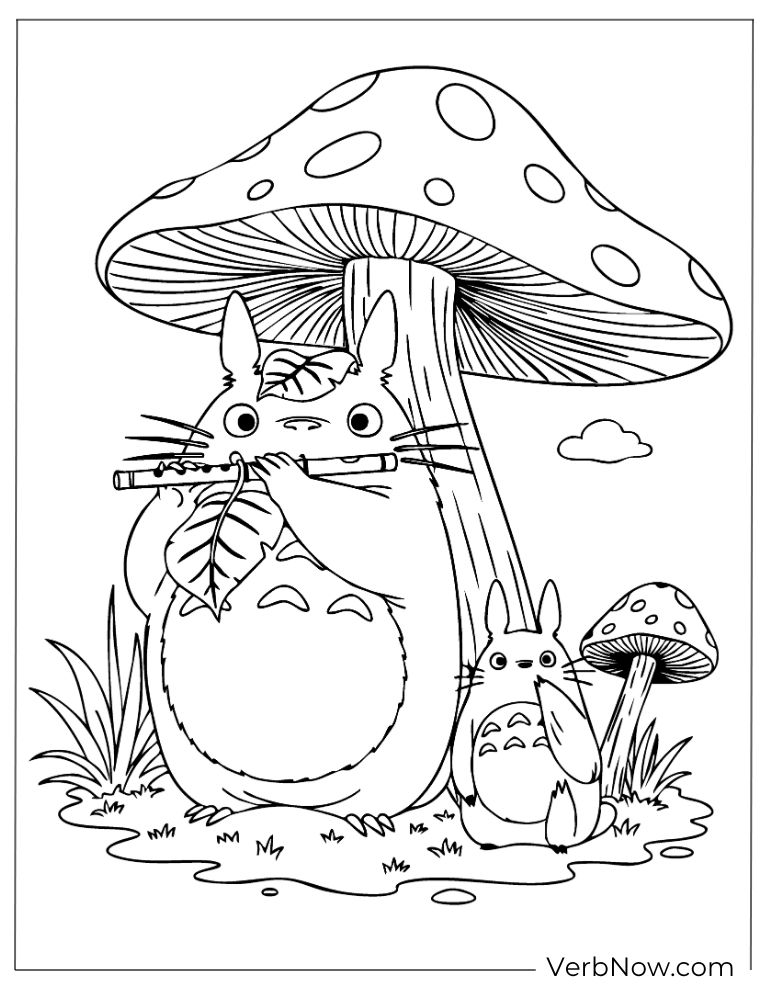 Totoro relaxing beneath a giant mushroom with friends