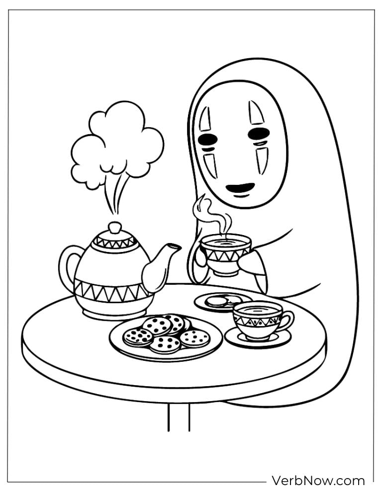 No-Face sipping tea and enjoying cookies at a cozy table