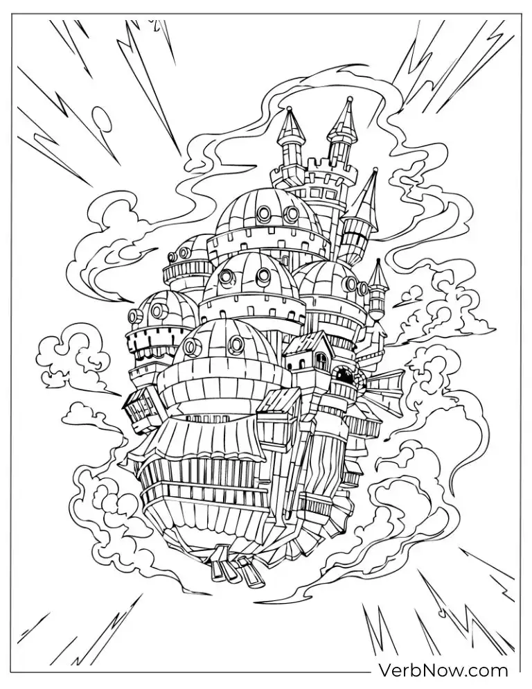 22 Free Studio Ghibli Coloring Pages (100% Printable PDF) Howl’s moving castle in the clouds