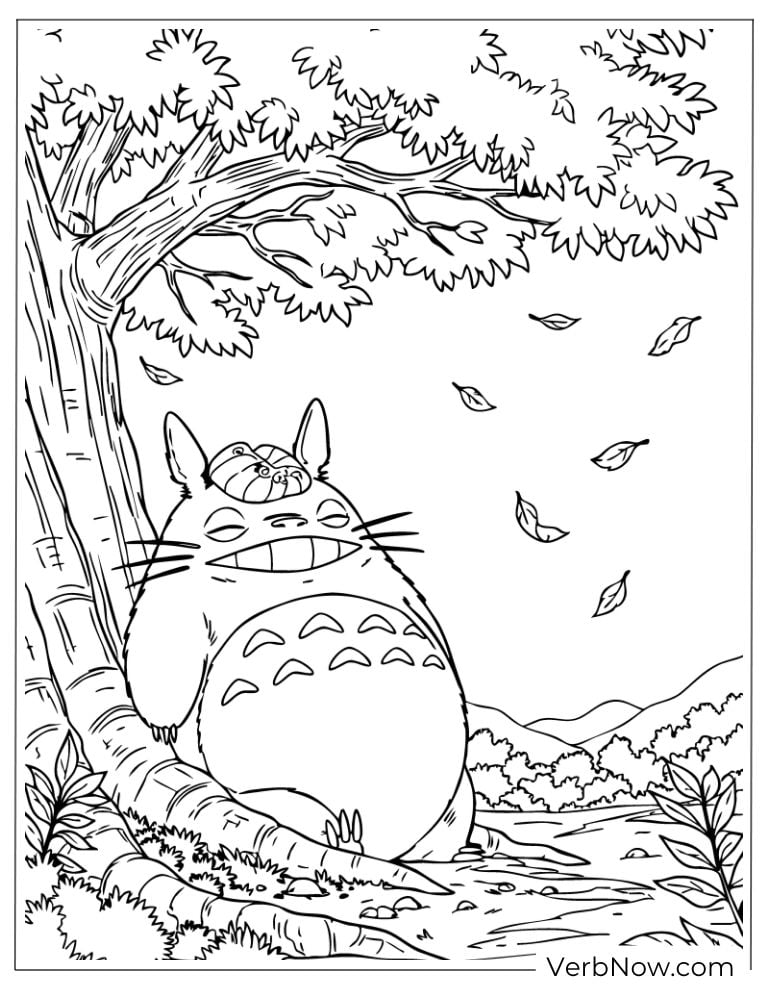 Totoro smiling beneath falling leaves